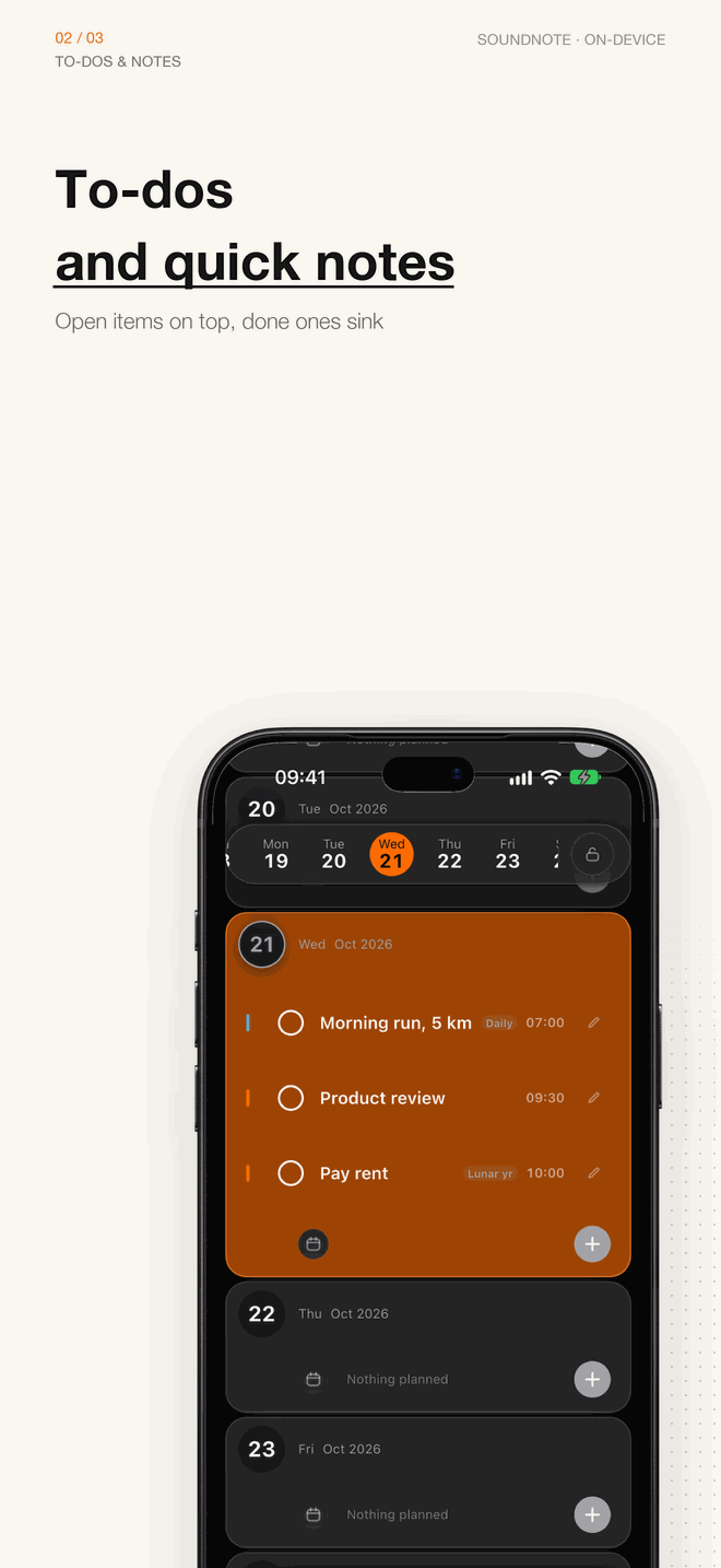 Poster: To-dos and quick notes. Three items on the 21st: Morning run 5 km, Product review, Pay rent.